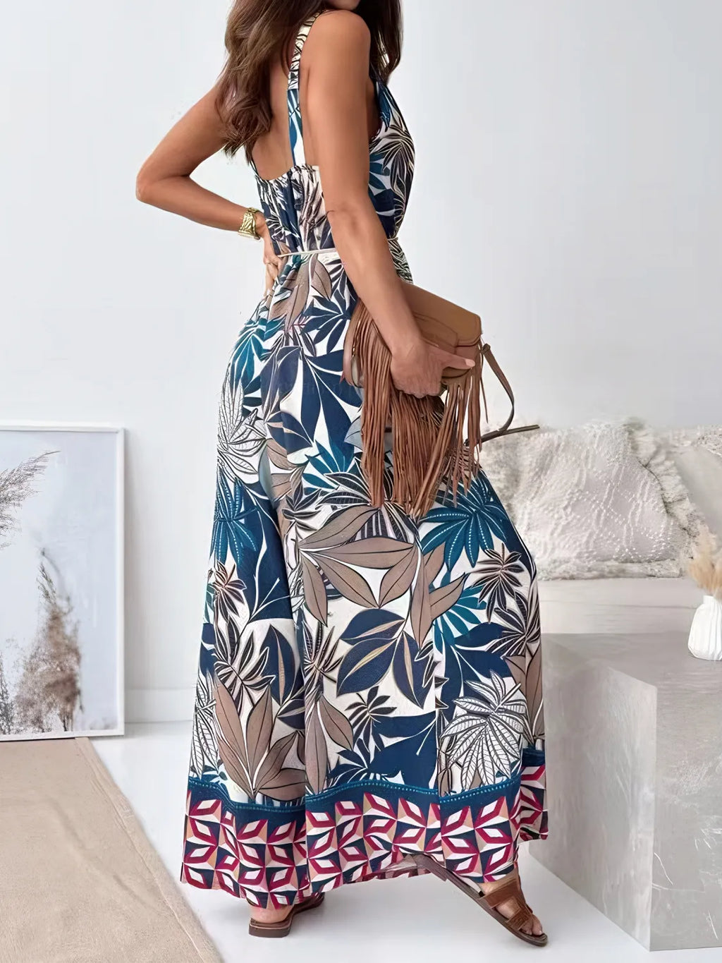 Printed V-Neck Wide Leg Jumpsuit