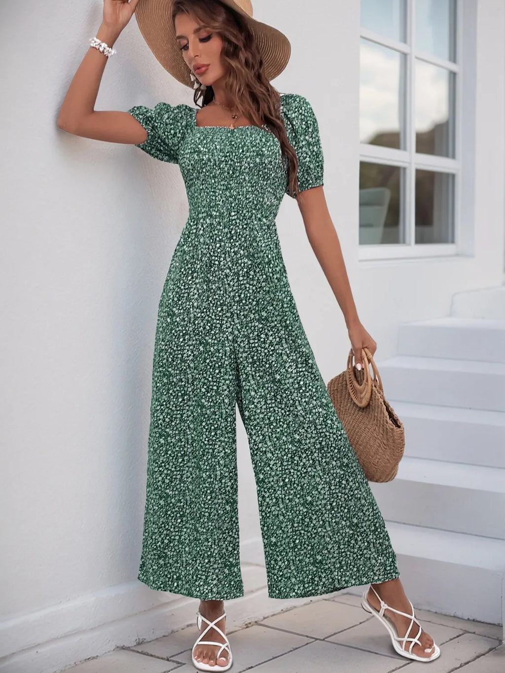Printed Square Neck Puff Sleeve Jumpsuit