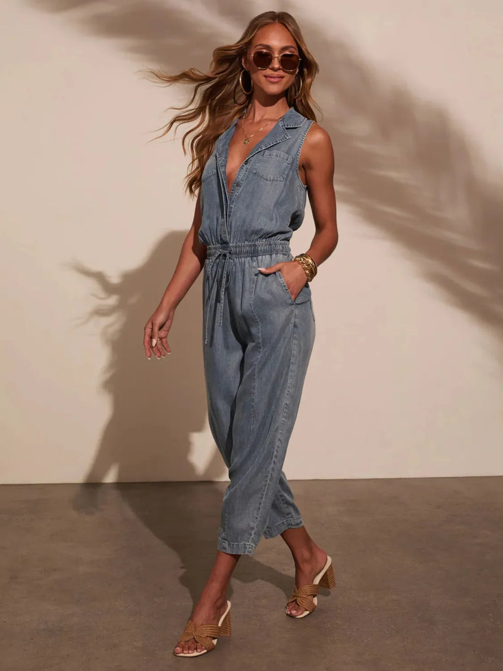 Sleeveless Drawstring Waist Washed Denim Jumpsuit