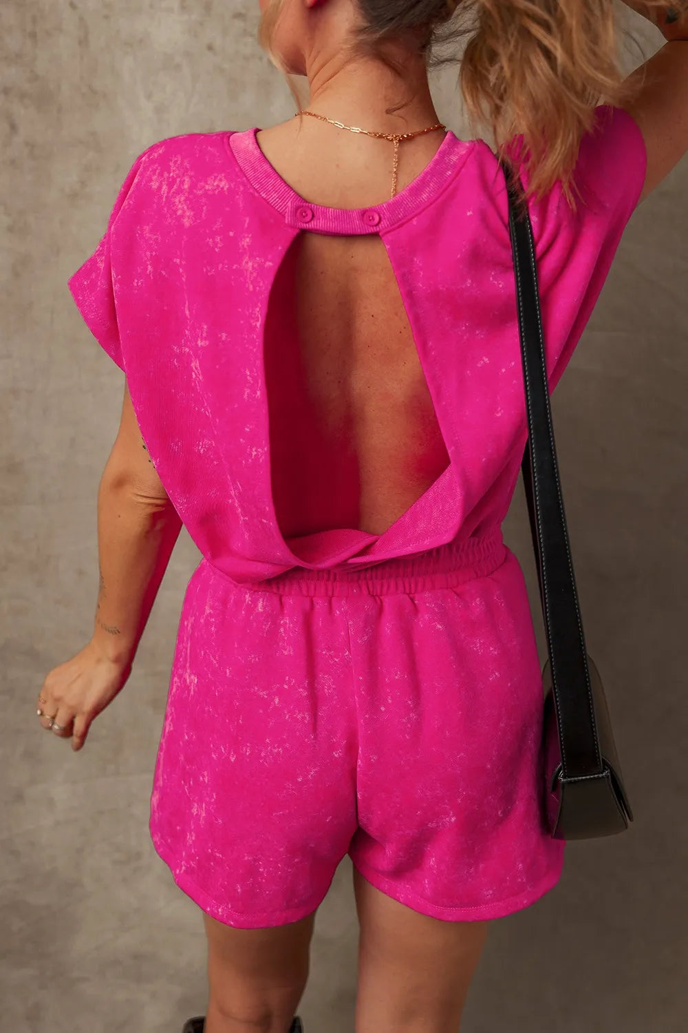 Mineral Wash Hollow Out Back Drawstring Waist Romper