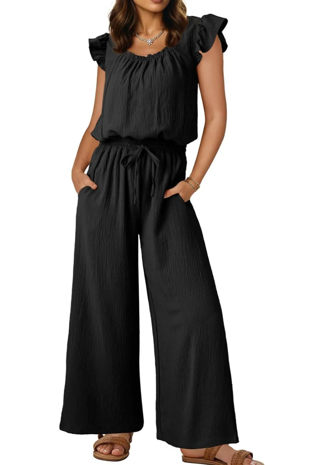 Ruffled Cap Sleeve Wide Leg Jumpsuit
