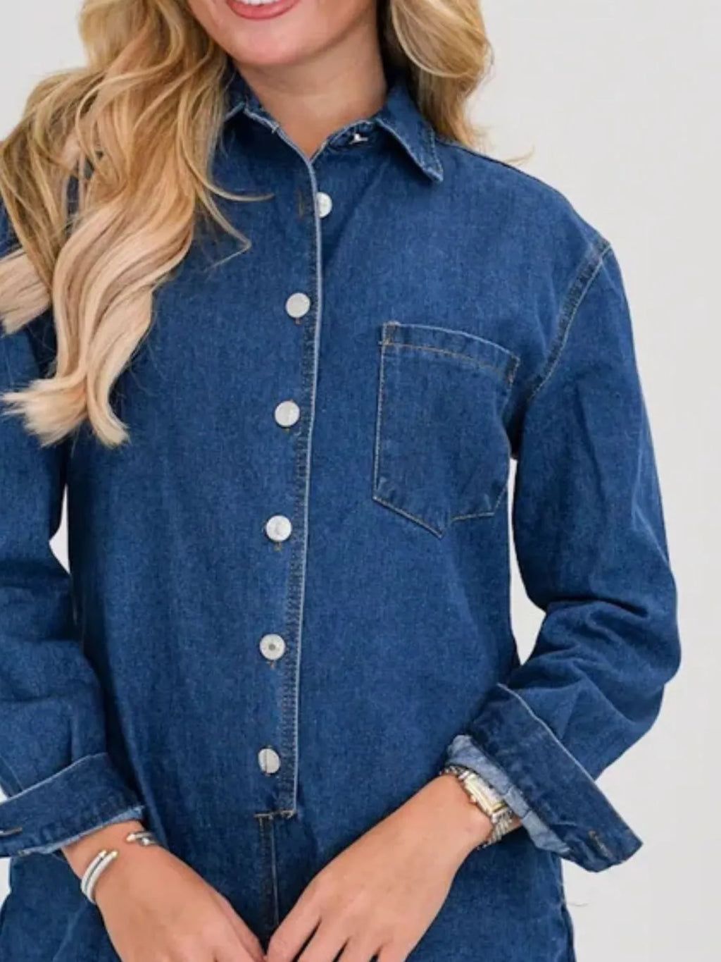 Button Front Long Sleeve Denim Romper