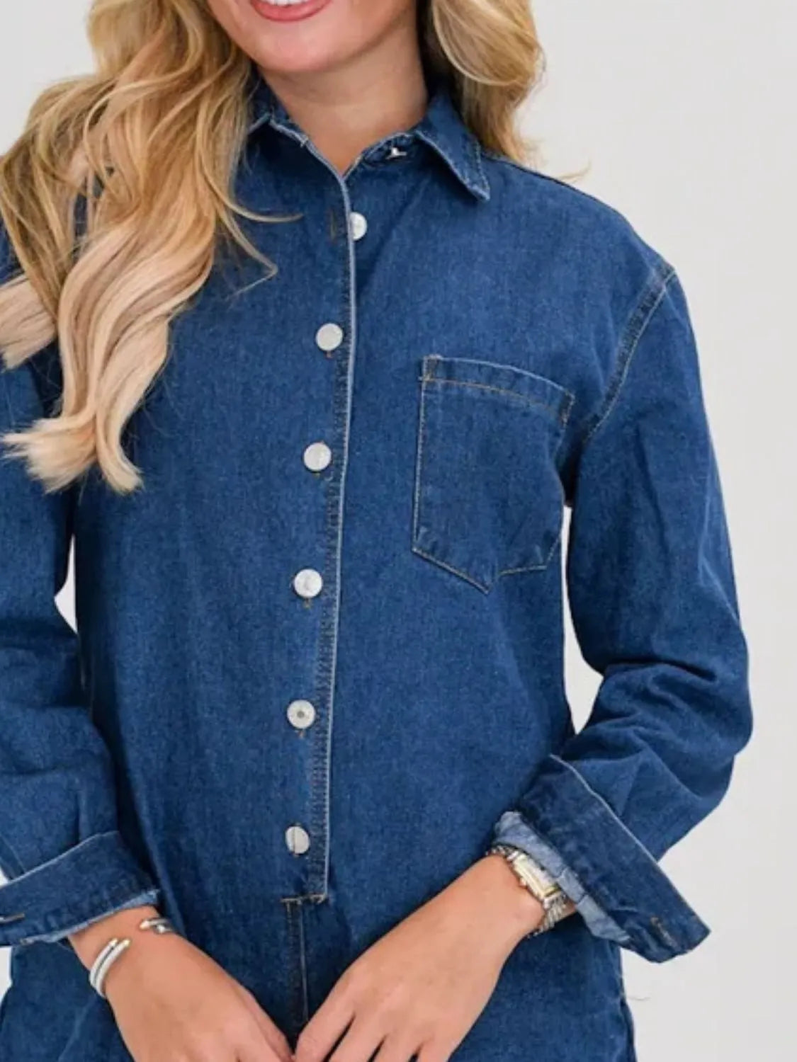Button Front Long Sleeve Denim Romper