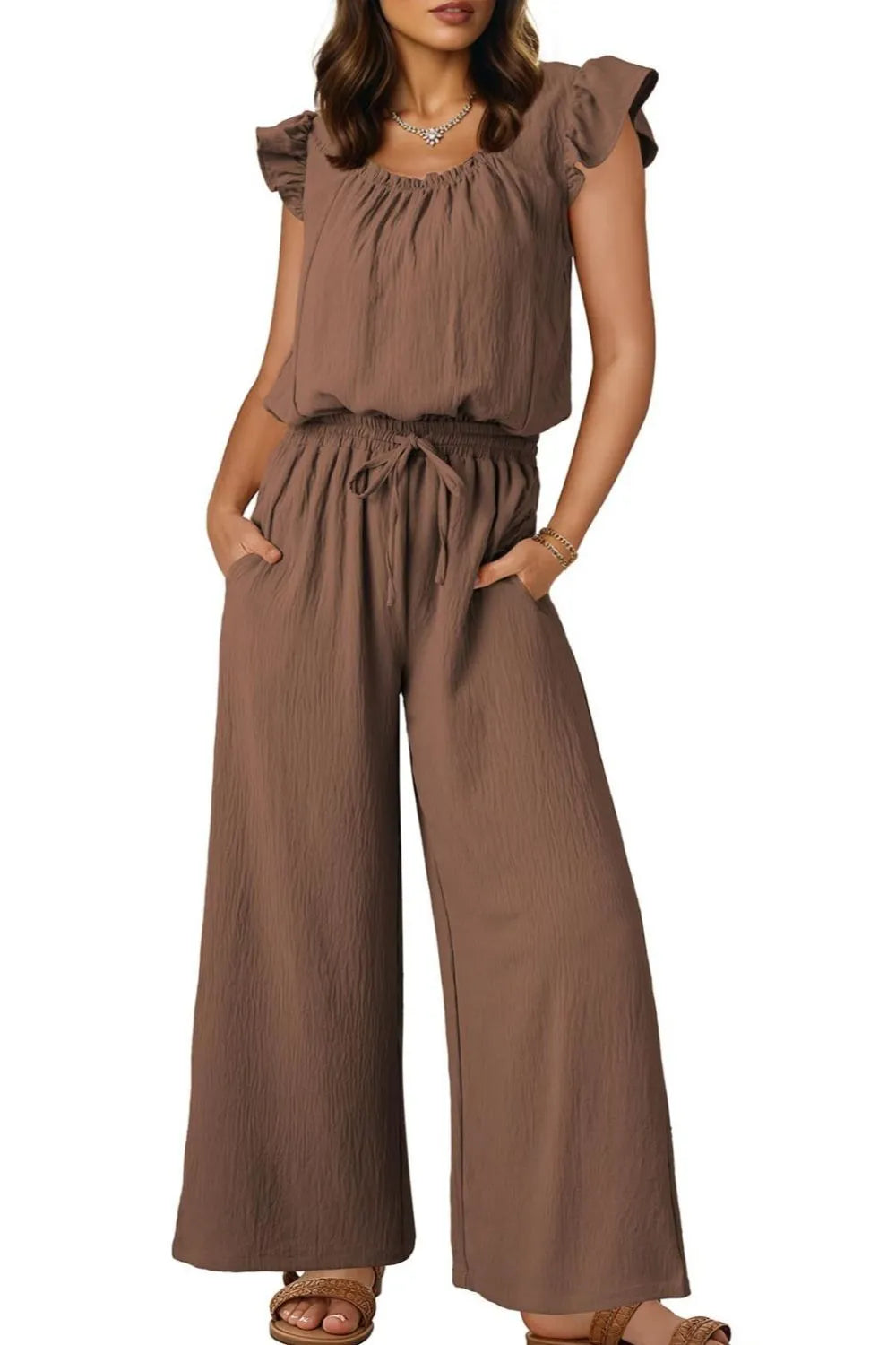 Ruffled Cap Sleeve Wide Leg Jumpsuit