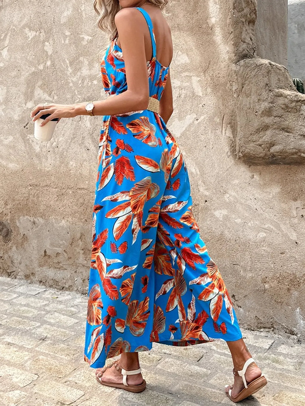 Printed Tropical Jumpsuit with Belted