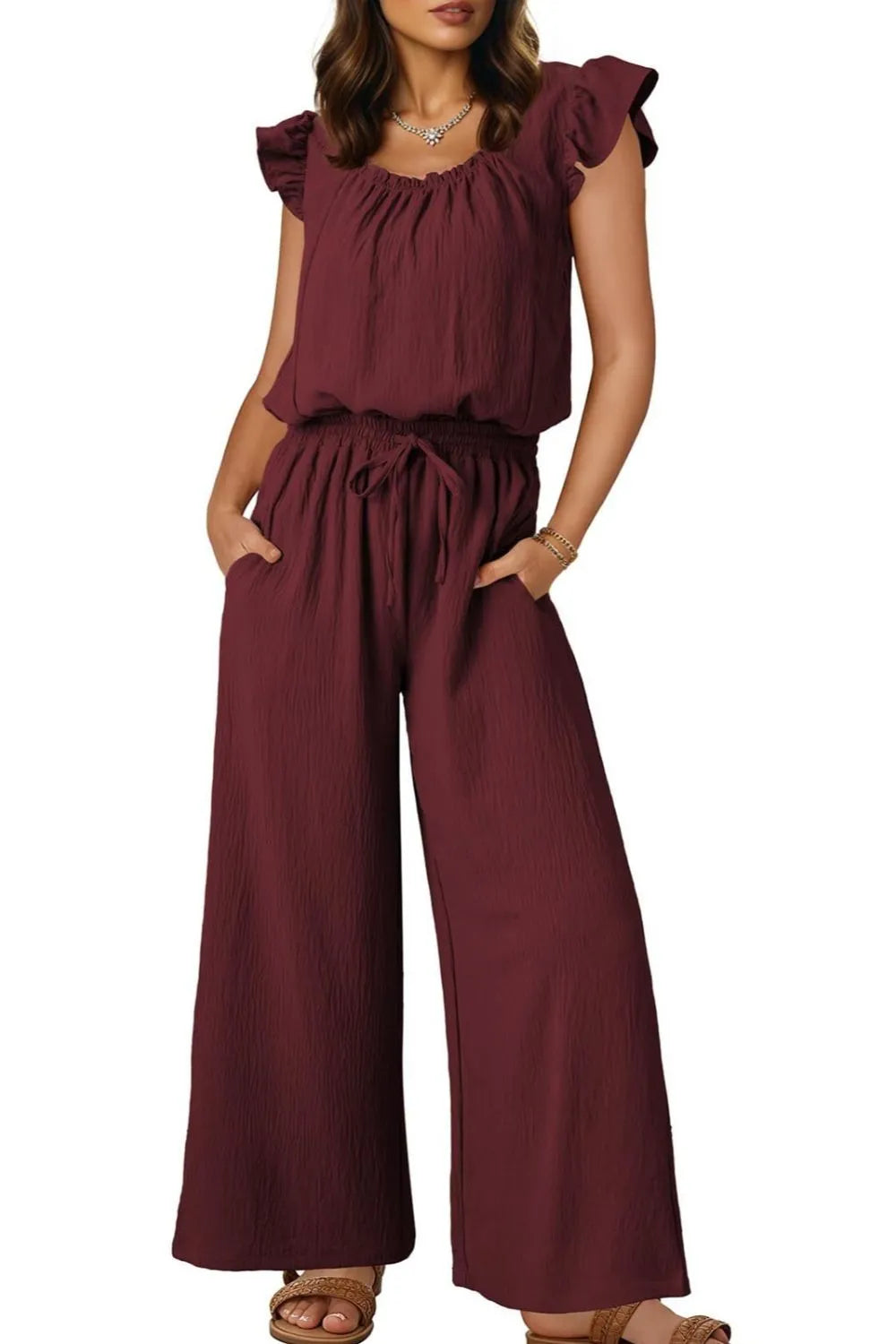 Ruffled Cap Sleeve Wide Leg Jumpsuit
