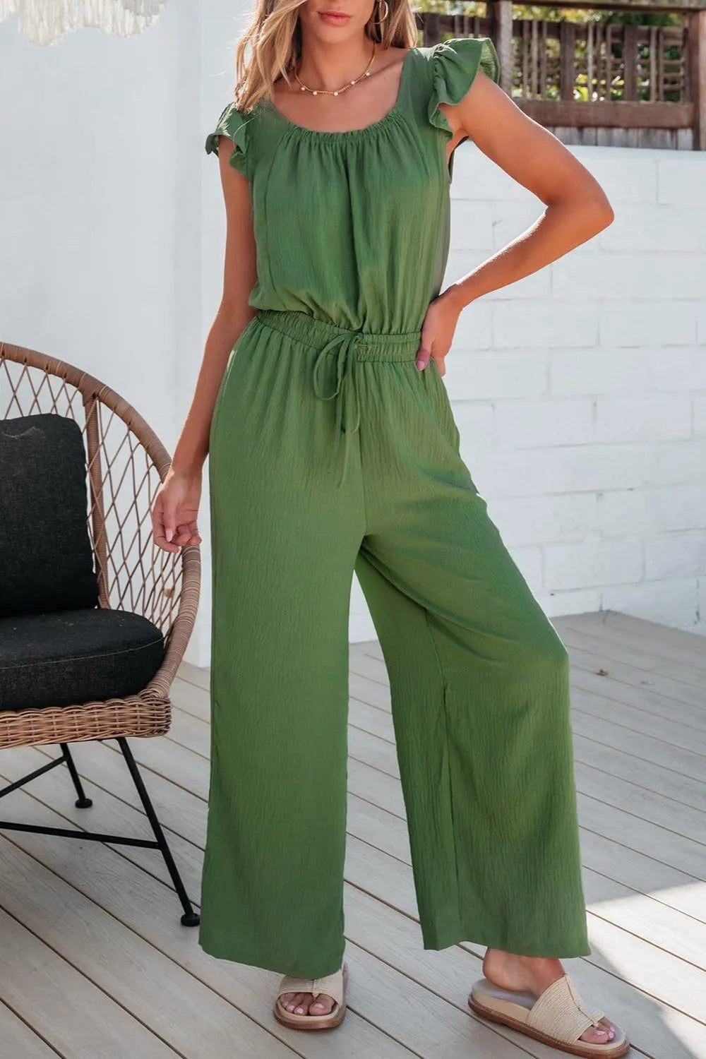 Ruffled Cap Sleeve Wide Leg Jumpsuit