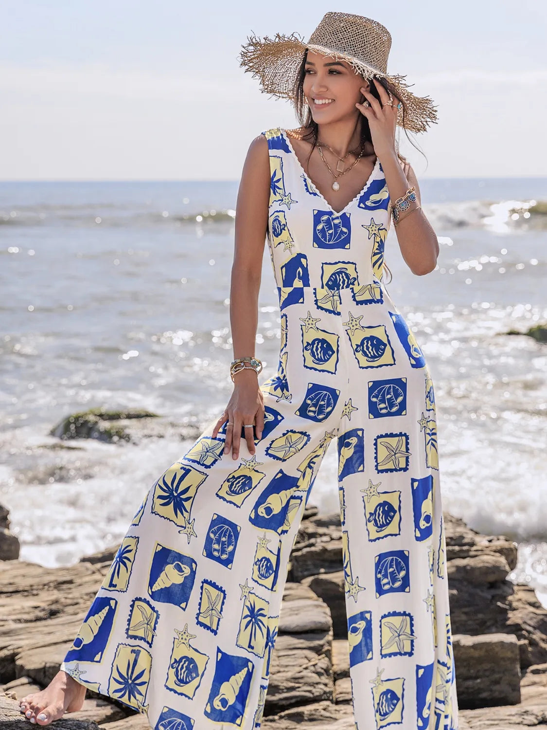Printed V-Neck Wide Leg Jumpsuit