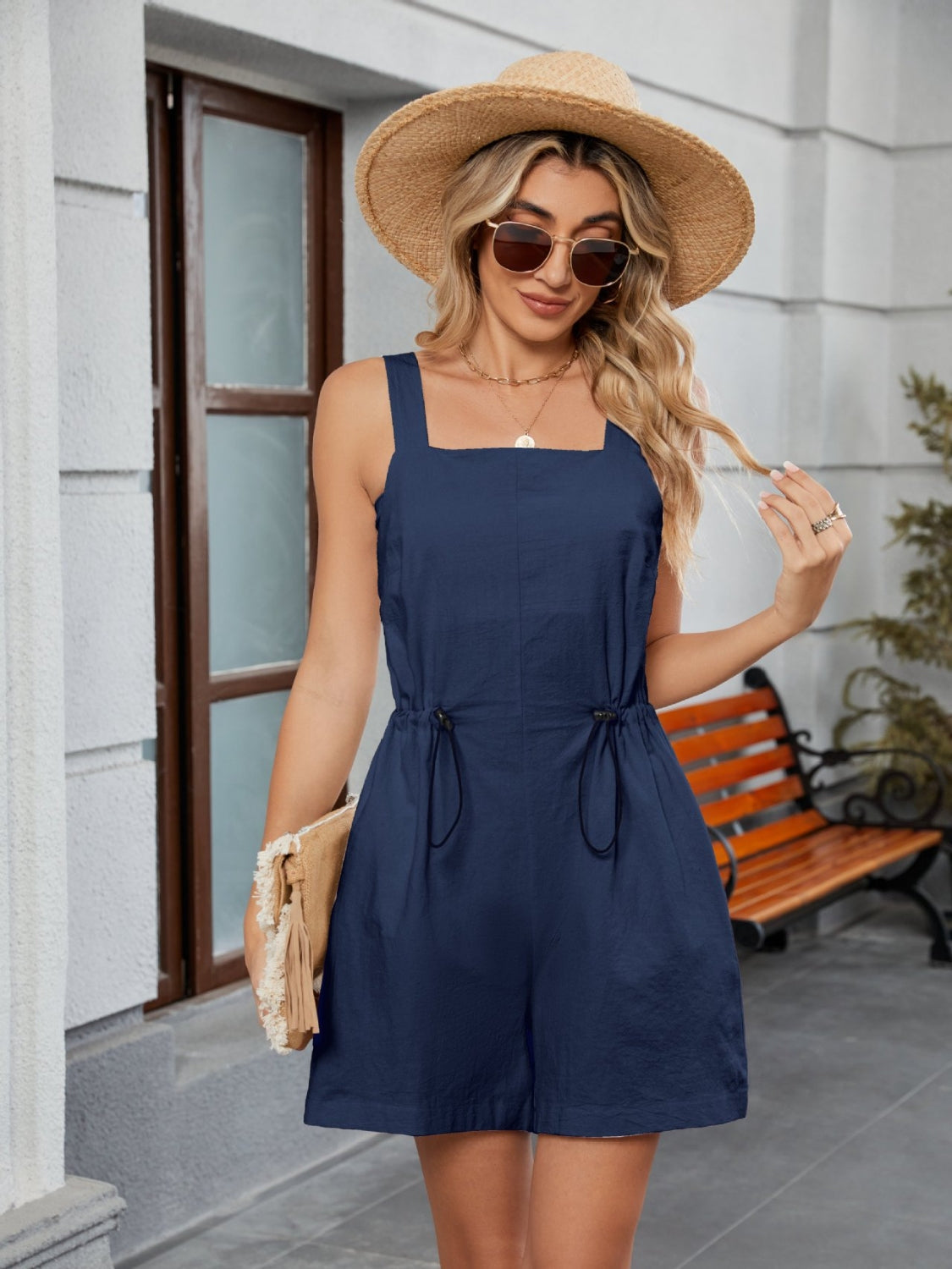 Drawstring Wide Strap Romper with Pockets