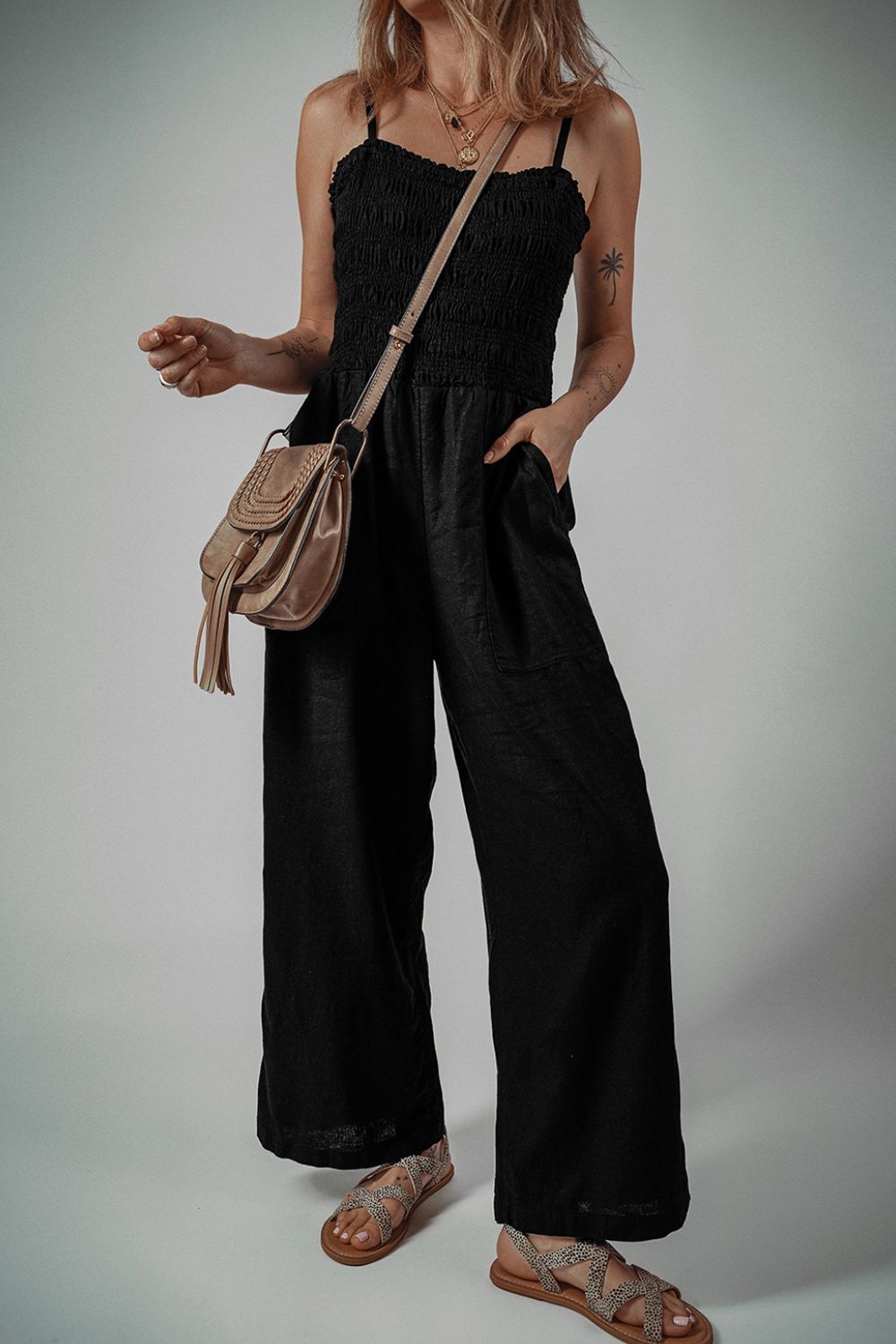 Smocked Spaghetti Straps Wide Leg Jumpsuit